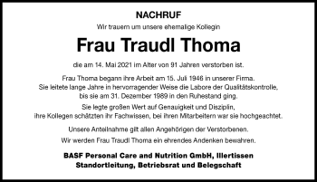 Traueranzeige von Traudl Thoma von Illertisser Zeitung