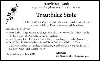 Traueranzeige von Trauthilde Stolz von Neu-Ulmer Zeitung