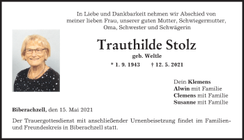 Traueranzeige von Trauthilde Stolz von Neu-Ulmer Zeitung