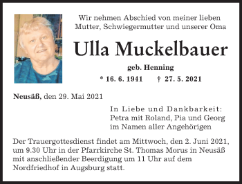 Traueranzeige von Ulla Muckelbauer von Augsburger Allgemeine