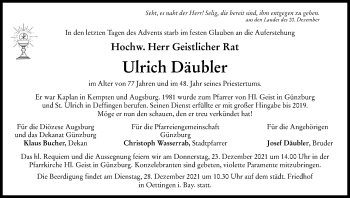 Traueranzeige von Ulrich Däubler von Augsburger Allgemeine