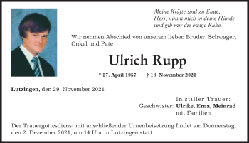 Traueranzeige von Ulrich Rupp von Donau Zeitung