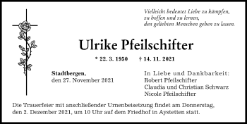 Traueranzeige von Ulrike Pfeilschifter von Augsburger Allgemeine