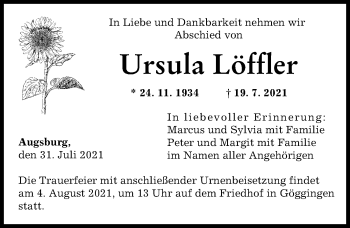 Traueranzeige von Ursula Löffler von Augsburger Allgemeine