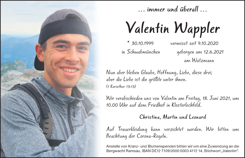  Traueranzeige für Valentin Wappler vom 16.06.2021 aus Schwabmünchner Allgemeine, Landsberger Tagblatt