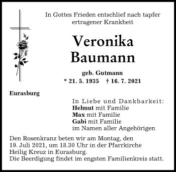 Traueranzeige von Veronika Baumann von Friedberger Allgemeine