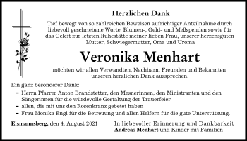 Traueranzeige von Veronika Menhart von Friedberger Allgemeine