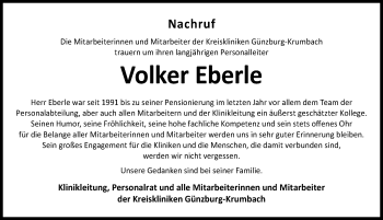 Traueranzeige von Volker Eberle von Mittelschwäbische Nachrichten, Günzburger Zeitung