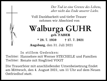 Traueranzeige von Walburga Guhr von Augsburger Allgemeine