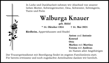Traueranzeige von Walburga Knauer von Neuburger Rundschau, Donauwörther Zeitung