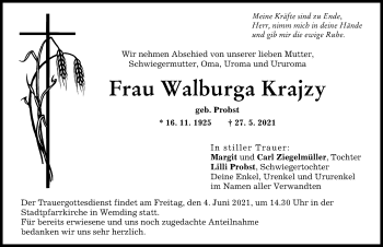 Traueranzeige von Walburga Krajzy von Donauwörther Zeitung