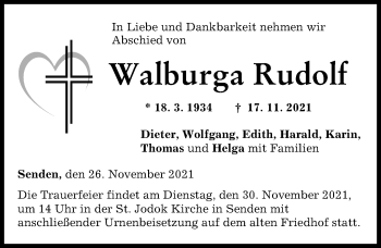 Traueranzeige von Walburga Rudolf von Neu-Ulmer Zeitung
