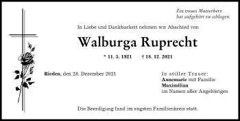 Traueranzeige von Walburga Ruprecht von Neu-Ulmer Zeitung, Günzburger Zeitung