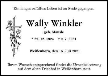 Traueranzeige von Wally Winkler von Neu-Ulmer Zeitung