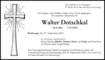 Traueranzeige von Walter Dotschkal von Günzburger Zeitung