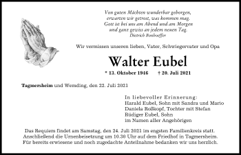 Traueranzeige von Walter Eubel von Neuburger Rundschau, Donauwörther Zeitung