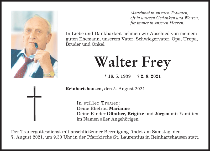  Traueranzeige für Walter Frey vom 05.08.2021 aus Schwabmünchner Allgemeine