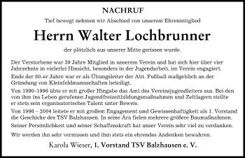 Traueranzeige von Walter Lochbrunner von Mittelschwäbische Nachrichten
