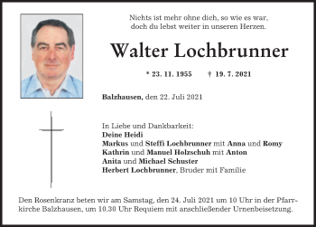 Traueranzeige von Walter Lochbrunner von Mindelheimer Zeitung, Mittelschwäbische Nachrichten