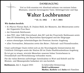 Traueranzeige von Walter Lochbrunner von Mittelschwäbische Nachrichten