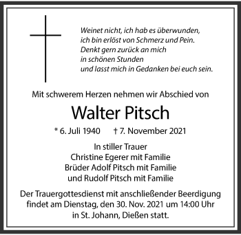 Traueranzeige von Walter Pitsch von Ammersee Kurier