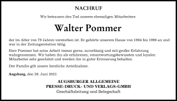 Traueranzeige von Walter Pommer von Augsburger Allgemeine