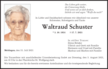 Traueranzeige von Waltraud Schuster von Augsburg-Land