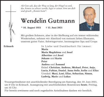 Traueranzeige von Wendelin Gutmann von Aichacher Nachrichten