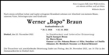 Traueranzeige von Werner Braun von Augsburger Allgemeine