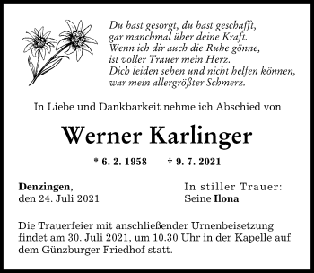 Traueranzeige von Werner Karlinger von Günzburger Zeitung
