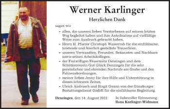 Traueranzeige von Werner Karlinger von Günzburger Zeitung