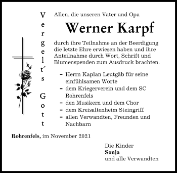 Traueranzeige von Werner Karpf von Neuburger Rundschau
