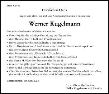 Traueranzeige von Werner Kugelmann von Schwabmünchner Allgemeine