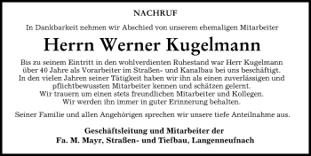 Traueranzeige von Werner Kugelmann von Schwabmünchner Allgemeine