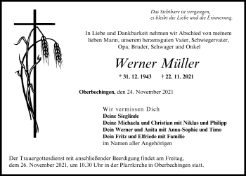 Traueranzeige von Werner Müller von Donau Zeitung