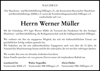Traueranzeige von Werner Müller von Wertinger Zeitung, Donau Zeitung