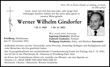Traueranzeige von Werner Wilhelm Gindorfer von Friedberger Allgemeine, Augsburger Allgemeine