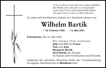 Traueranzeige von Wilhelm Bartik von Donau Zeitung