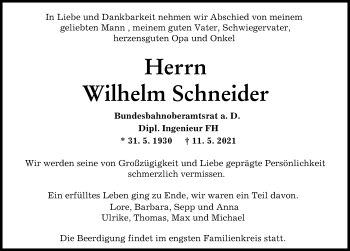Traueranzeige von Wilhelm Schneider von Augsburger Allgemeine