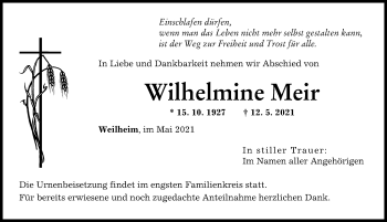 Traueranzeige von Wilhelmine Meir von Donauwörther Zeitung