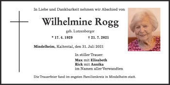 Traueranzeige von Wilhelmine Rogg von Mindelheimer Zeitung
