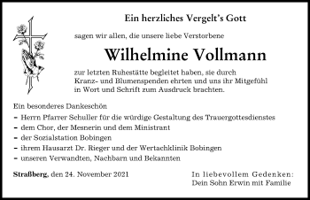Traueranzeige von Wilhelmine Vollmann von Schwabmünchner Allgemeine