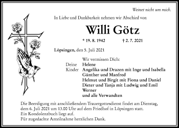 Traueranzeige von Willi Götz von Rieser Nachrichten