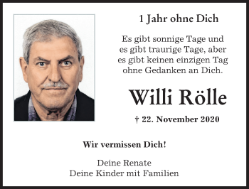 Traueranzeige von Willi Rölle von Augsburg-Land
