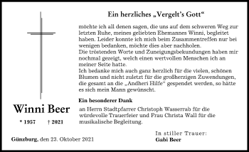 Traueranzeige von Winni Beer von Günzburger Zeitung