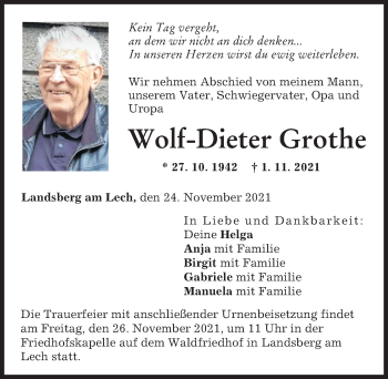 Traueranzeige von Wolf-Dieter Grothe von Landsberger Tagblatt