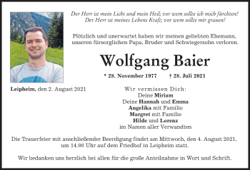 Traueranzeige von Wolfgang Baier von Günzburger Zeitung