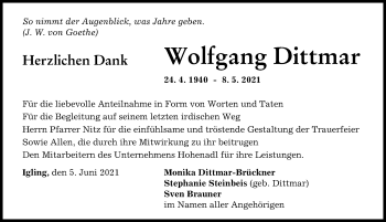 Traueranzeige von Wolfgang Dittmar von Landsberger Tagblatt