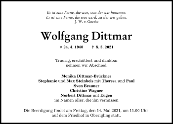 Traueranzeige von Wolfgang Dittmar von Landsberger Tagblatt