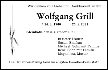 Traueranzeige von Wolfgang Grill von Günzburger Zeitung
